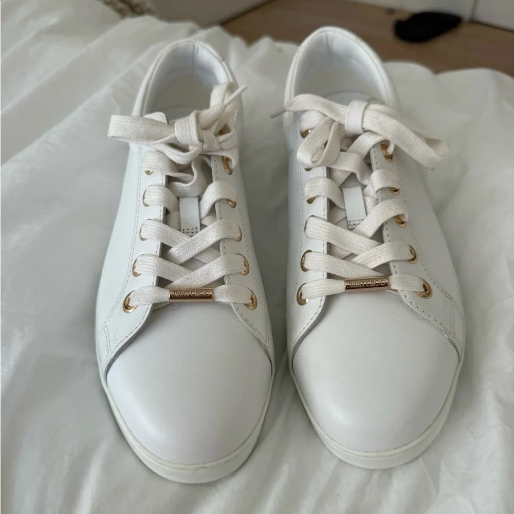 NEW Jimmy Choo White and Star Studded Gold Leather Sneakers 41.5 / 10 US